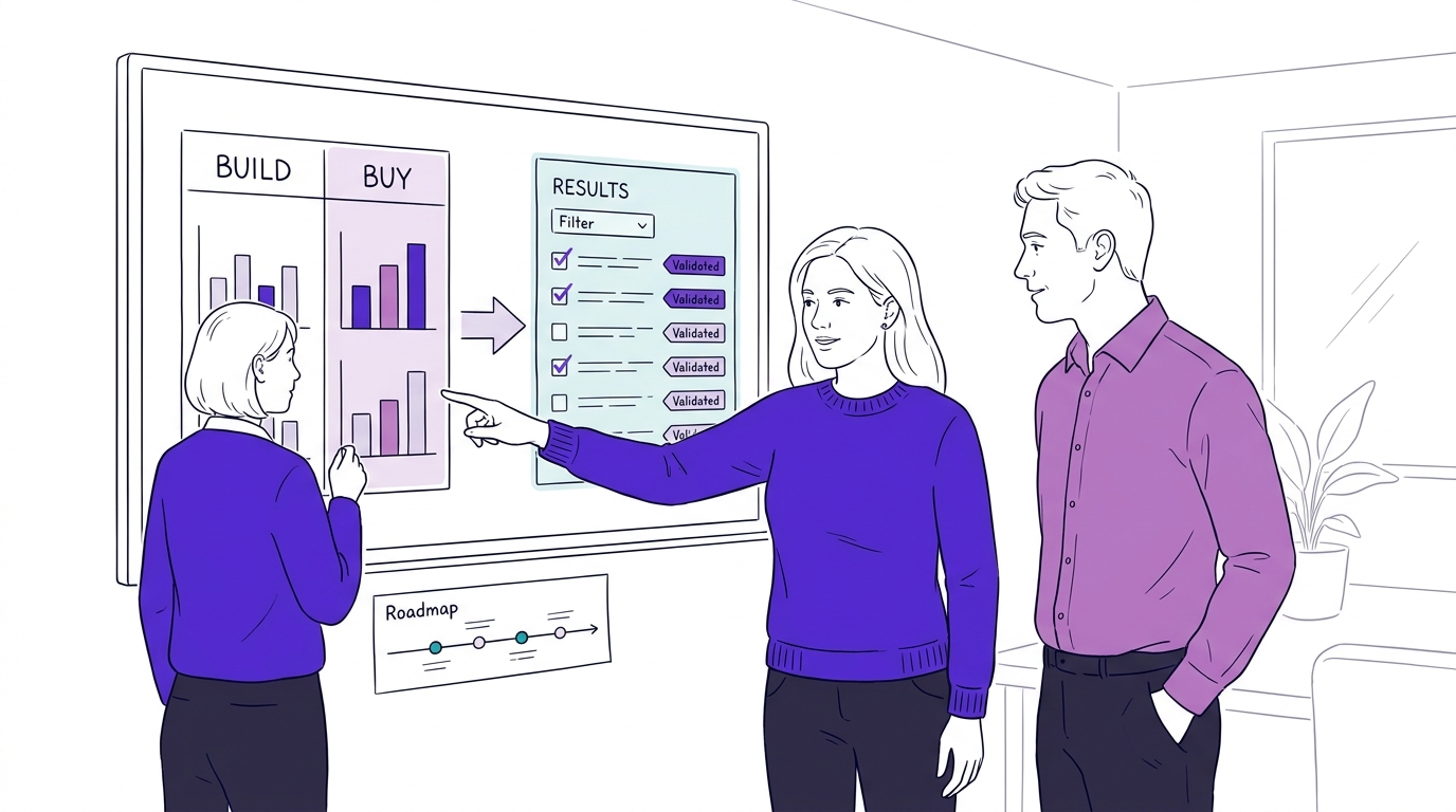Illustration: Build-versus-Buy-Analyse und Roadmap für KI-Tools in der IT